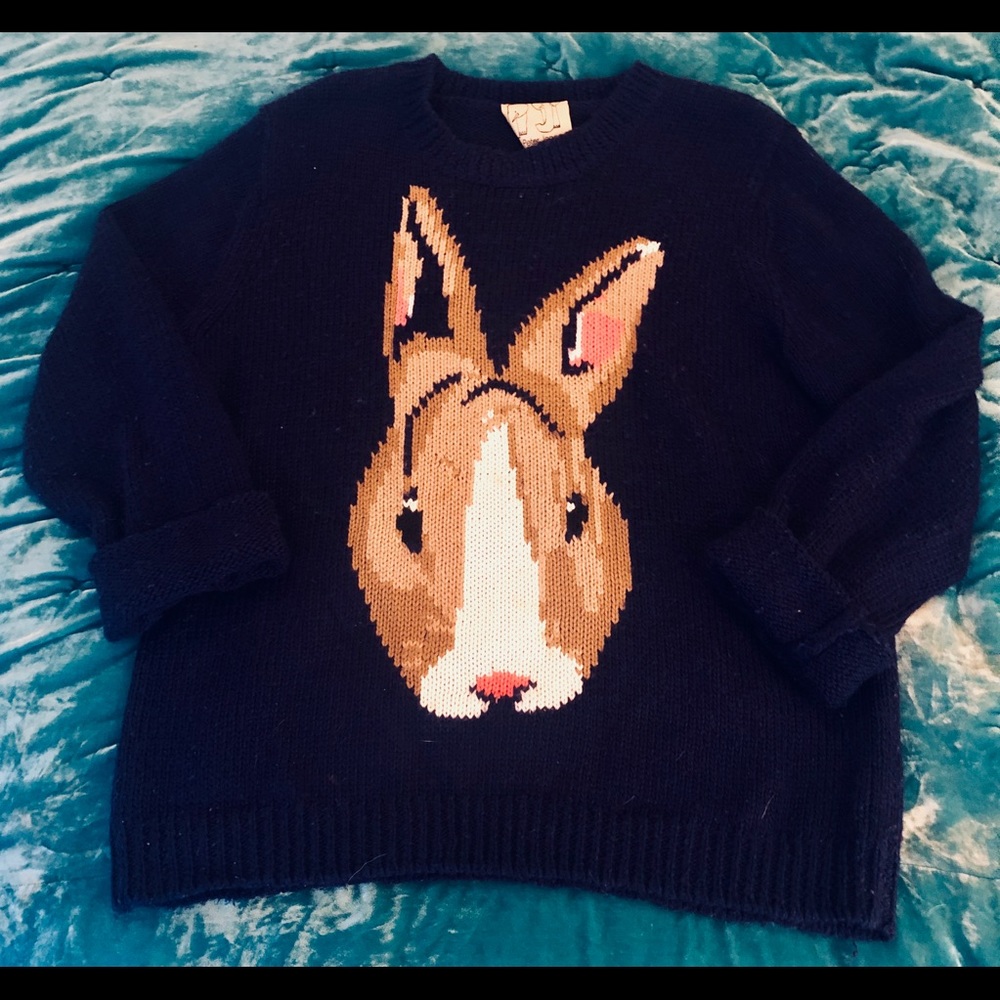 Oversized navy wool knit bunny sweater.